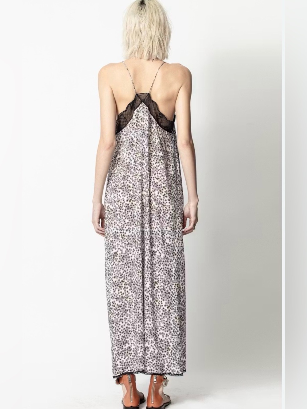 Zadig & Voltaire Risty Blossom Slip Maxi Dress in pink with black lace - Picture 2 of 13
